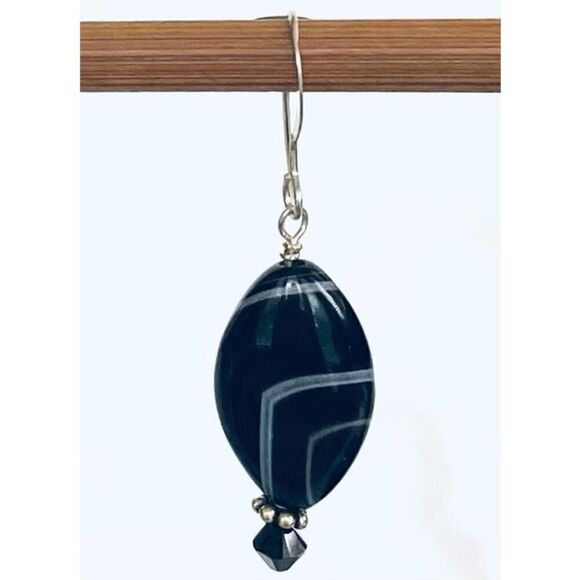 KS# Stunning 1 1/2” Black Agate & Sterling Silver Earrings - Picture 2 of 5